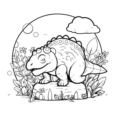 Bahçedeki sevimli karikatür dinozoru. Boyama kitabı için Vektör illüstrasyonu.