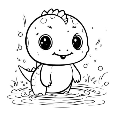 Sudaki sevimli dinozor. Siyah ve beyaz vektör çizimi.