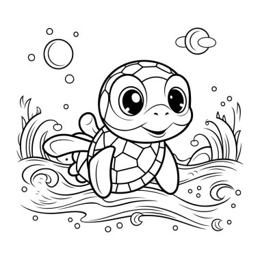 Çocuklar için boyama kitabı. Dalgalardaki deniz kaplumbağası. Vektör illüstrasyonu