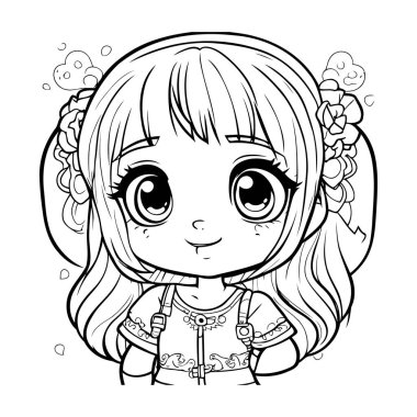 Çiçekli şirin küçük kız. Boyama kitabı için Vektör illüstrasyonu.
