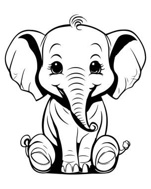 Şirin Fil Fili Siyah ve Beyaz Çizgi Film İllüstrasyonu. Vektör