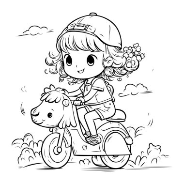 Bir köpekle motosiklete binen şirin küçük bir kızın tasviri