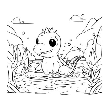 Çocuklar için boyama sayfaları. Suda sevimli bir karikatür dinozor..