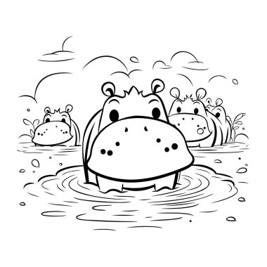 Göldeki sevimli su aygırı ailesi. Vektör illüstrasyonu.