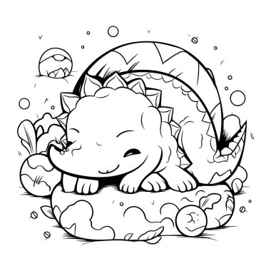 Renklendirme Kitabı için Siyah ve Beyaz Dinozor Hayvan Karakteri Çizimi