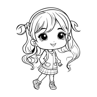 Uzun saçlı tatlı küçük kız. Boyama kitabı için Vektör illüstrasyonu.