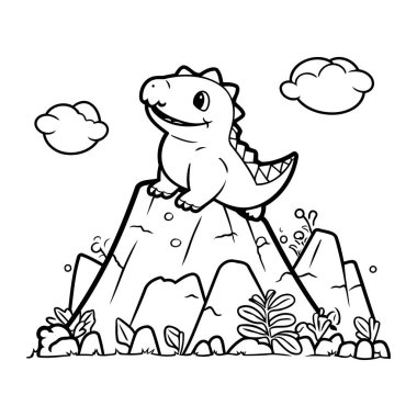 Çocuklar için boyama kitabı. Kayanın üzerinde oturan dinozor. Vektör illüstrasyonu.