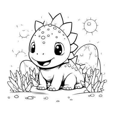 Çimlerin üzerinde oturan sevimli çizgi film dinozoru. Boyama kitabı için Vektör illüstrasyonu.