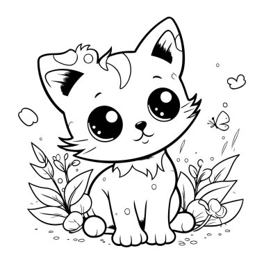 Çiçeklerle çimenlerde oturan bir kedinin siyah beyaz çizimi.