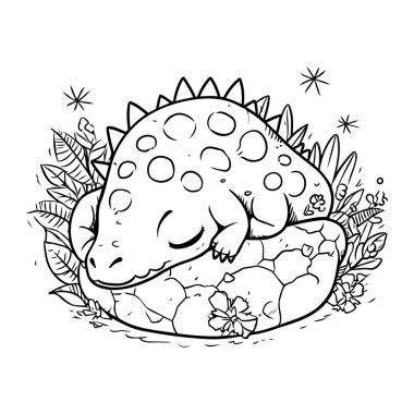 Çocuklar için boyama kitabı. Kayanın üzerinde uyuyan sevimli dinozor. Vektör illüstrasyonu.