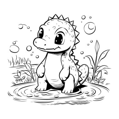 Su birikintisinde oturan sevimli dinozor. Siyah ve beyaz vektör çizimi.