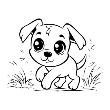 Tatlı çizgi film köpeği. Boyama kitabı için siyah beyaz illüstrasyon.