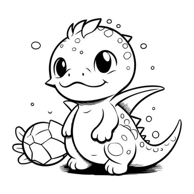 Siyah ve Beyaz Şirin Dinozor Çizgi Film Maskot Karakteri Çizimi