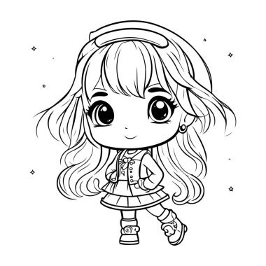 Kulaklıklı şirin bir kız. Boyama kitabı için Vektör illüstrasyonu.