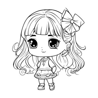Uzun saçlı tatlı küçük kız. Boyama kitabı için Vektör illüstrasyonu.