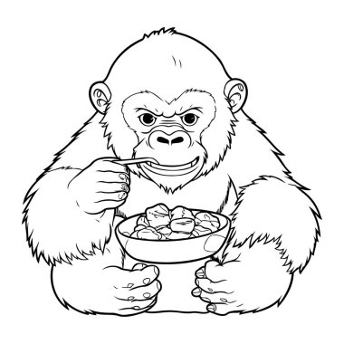 Bir kase mısır gevreği yiyen bir goril. Vektör illüstrasyonu.