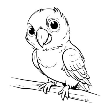 Papağan Siyah ve Beyaz Çizgi Film Çizimi. Beyaz Arkaplanda İzole Edilmiş