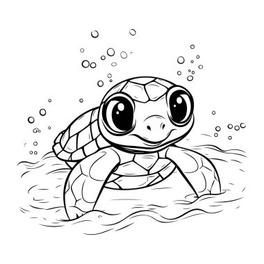 Denizde yüzen sevimli bebek kaplumbağa. Siyah ve beyaz vektör çizimi