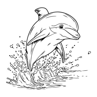 Sudan atlayan yunus. Siyah ve beyaz vektör çizimi.