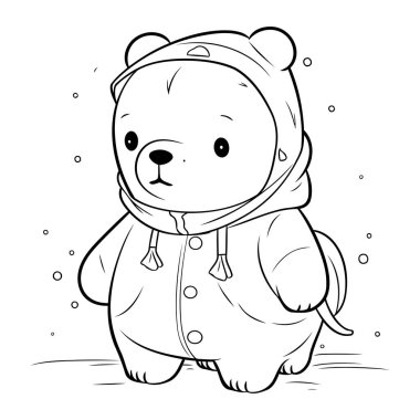 Kış kıyafetleri içinde şirin bir çizgi film ayısı. Boyama kitabı için Vektör illüstrasyonu.