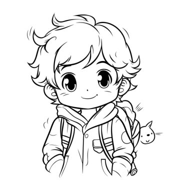 Siyahi ve Beyaz Çizgi Film Çizgi Filmi Boyama Kitabı için Tatlı Küçük Çocuk Karakteri