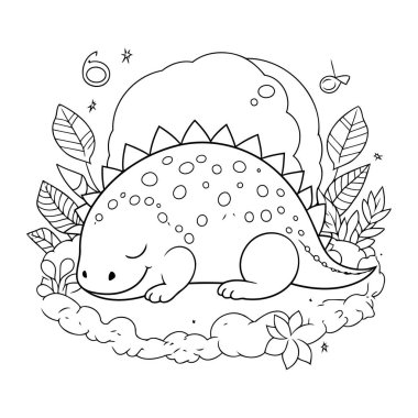 Çiçekler ve ay vektör çizimi tasarımı ile çimenlerde uyuyan sevimli dinozor.