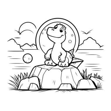 Kayanın üzerinde oturan sevimli bir karikatür dinozor. Boyama kitabı için Vektör illüstrasyonu.