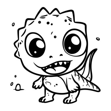 Şirin bir karikatür dinozor. Boyama kitabı için siyah ve beyaz vektör çizimi.