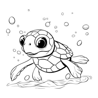 Suda yüzen sevimli çizgi film kaplumbağası. Çocuklar için boyama kitabı.
