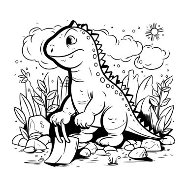 Ormanda küreği olan sevimli bir dinozor. Boyama kitabı için Vektör illüstrasyonu
