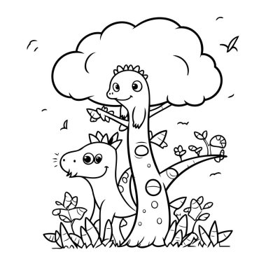 Bahçedeki dinozorların siyah beyaz çizimi. Çocuklar için boyama kitabı.