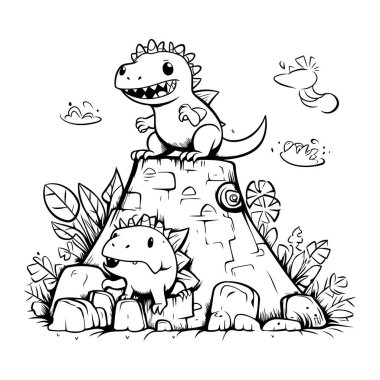 Bahçedeki sevimli dinozorlar. Boyama kitabı için Vektör illüstrasyonu.