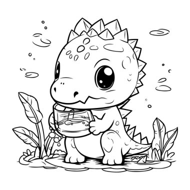 Çocuklar için boyama kitabı. Süt dolu kavanozu olan sevimli bir dinozor.