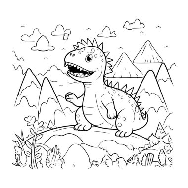 Şirin Dinozor Vektör İllüstrasyonunun Renkli Sayfa Özeti.