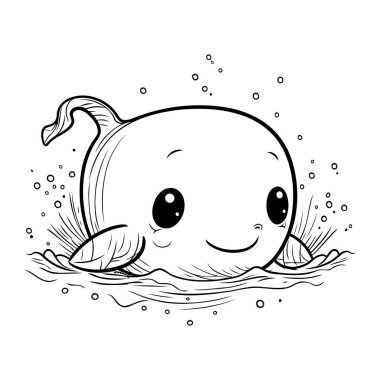 Denizde şirin bir balina. Vektör illüstrasyonu beyaz arkaplanda izole edildi.