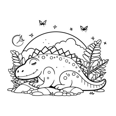 Bitkilerle ve ay vektör çizimleriyle sevimli tyrannosaurus rex