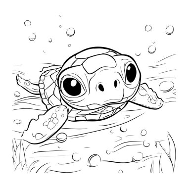 Denizde yüzen sevimli çizgi film kaplumbağası. Çocuklar için boyama kitabı.
