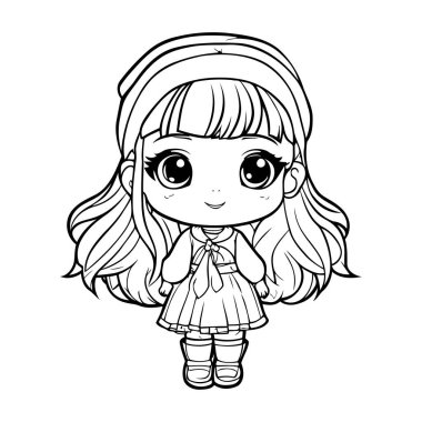 Uzun saçlı tatlı küçük kız. Boyama kitabı için Vektör illüstrasyonu.