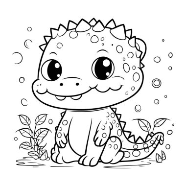 Şirin Dinozor Vektör İllüstrasyonunun Renkli Sayfa Özeti.