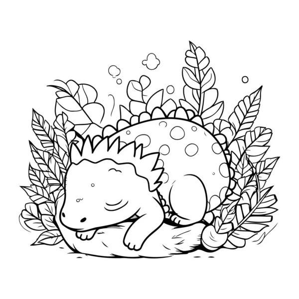 Yaprakları ve bitkileri olan sevimli küçük dinozor karakter vektör çizimi tasarımı