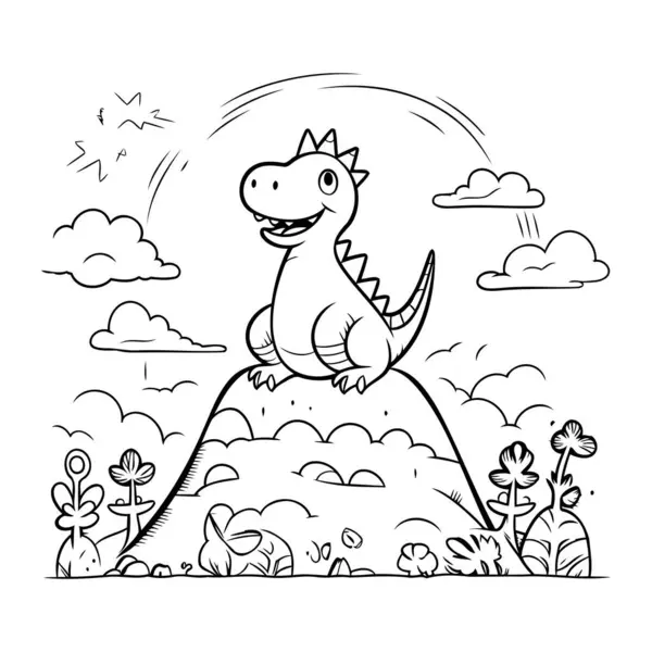Cute Cartoon Dinosaur Hill Vector Illustration Coloring Book — Stock Vector