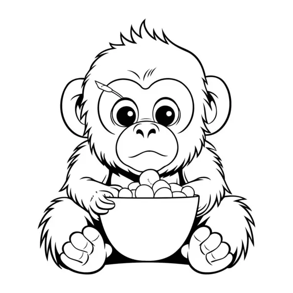 Monkey Bowl Corn Black White Vector Illustration — Stock Vector