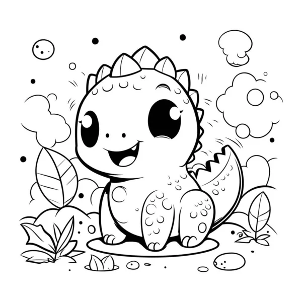 Şirin küçük dinozor. Boyama kitabı için siyah ve beyaz vektör çizimi