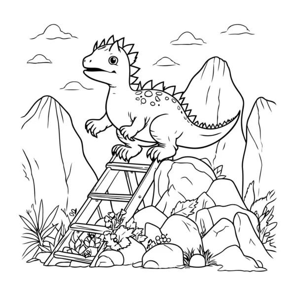 Dinosaurier Auf Einer Leiter Vektorillustration Für Malbuch Seite — Stockvektor