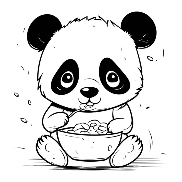 Ilustração Preto Branco Panda Com Uma Tigela Comida — Vetor de Stock