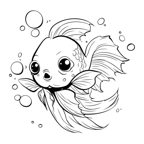 Black White Illustration Goldfish Bubbles White Background — Stock Vector