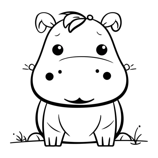 カラーブックのためのヒッポ動物キャラクターの黒と白の漫画イラスト — ストックベクタ