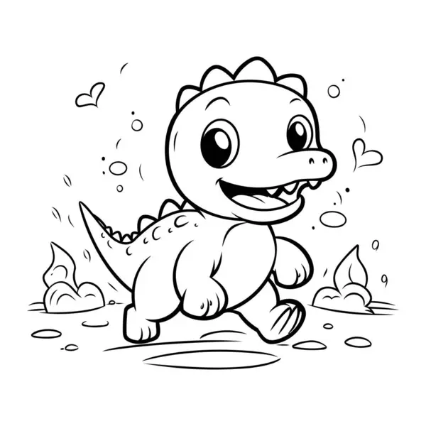 Cute Dinosaur Running Mud Vector Illustration Coloring Book — Stock Vector