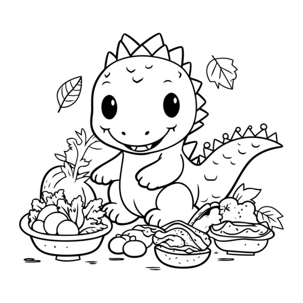 stock vector Cute dinosaur with vegetables. Vector illustration for coloring book or page.