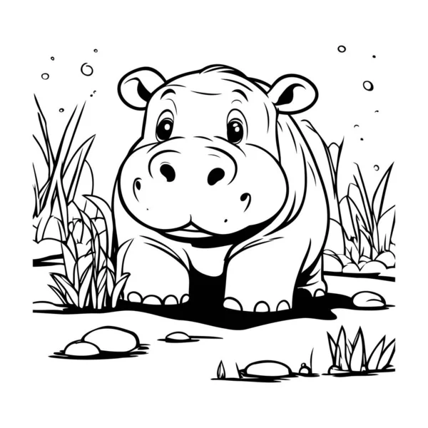 Hippopotamus Grass Black White Vector Illustration — Stock Vector